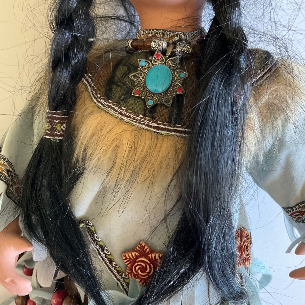 VTG Native American Porcelain Doll 16" Faux Fur Turquoise Pendant Southwest Deco - Picture 7 of 12